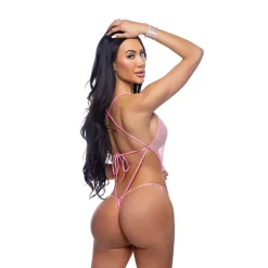 Clearance LoversStores Iridescent Mesh Lace-Up Bodysuit Pink