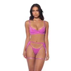 Fashion LoversStores Reanna Lace & Chain 3pc Set Fuchsia
