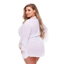 Discount LoversStores Sheer Chiffon & Lace Robe White